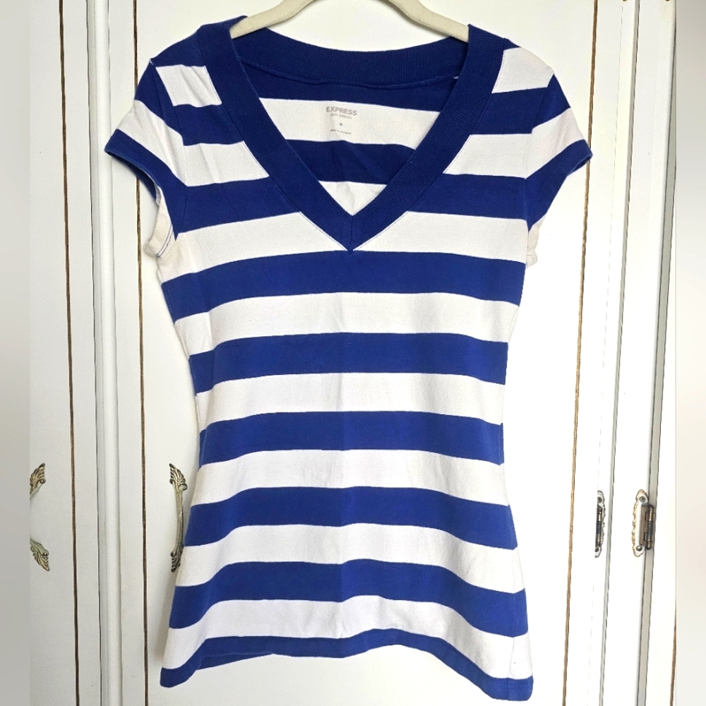Express Women's Blue and White Striped Top